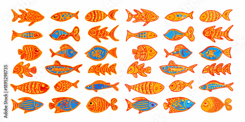A colorful arrangement of cartoon fish in varying orange and blue hues