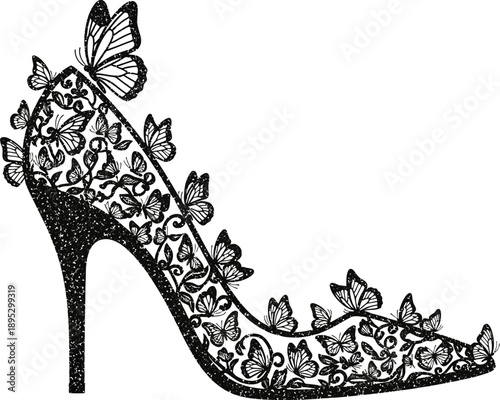 Elegant black high-heeled shoe adorned with intricate butterfly and floral designs