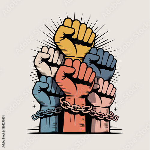 liberation and unity fists with broken chains and radiant solidarity rays
