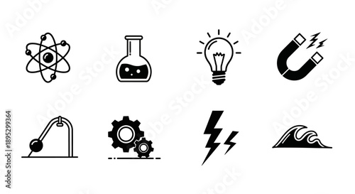 Science and technology icons atoms beakers and electrical symbols