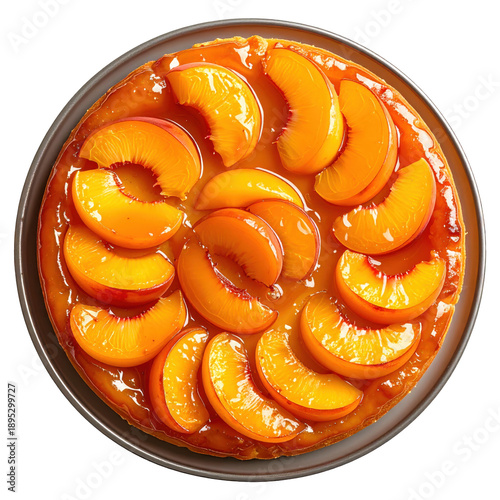 Glazed peach upside-down cake with sliced fruit topping in metal pan isolated on white background