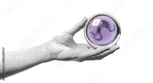 A monochrome hand holding a glass bowl with a purple liquid from a high angle viewpoint
