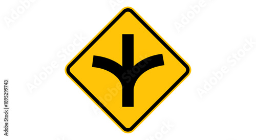 A yellow diamond-shaped road sign with a black merge symbol indicating a merge ahead on a road