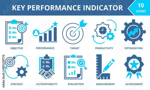 KEY PERFORMANCE INDICATOR icon collection set. Containing Objective, akuntability, target,  measurement, optimization, strategy, performance, evaluation,achievement, productivity . dual tone vector.