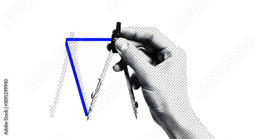 Hand holding compass drawing triangle shape with precision and care in a technical illustration