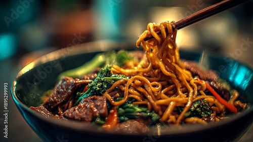 Close Up Action Shot of Chopsticks Lifting Hot Noodles from a Beef Stir Fry.