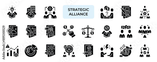 Strategic Alliance Icon set Collection in Solid Glyph Style. strategic, alliance, partnership, collaboration, cooperation