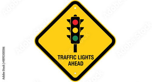 A traffic sign indicating traffic lights ahead with a red, yellow, and green light on a yellow diamond-shaped sign