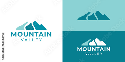 Creative simple mountain valley logo template. Mountain hills peak summit logo design vector illustration.
