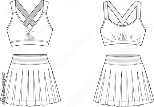 Athletic cheerleading outfit fashion sketch, sports bra top and pleated skirt design, front and back technical illustration