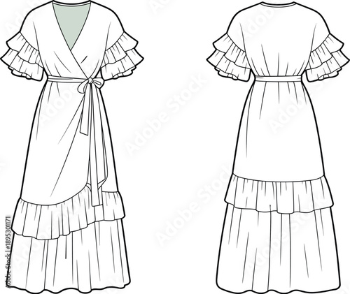 Elegant women's tiered wrap dress design, fashion illustration with ruffled sleeves, V-neckline, and gathered waistline details