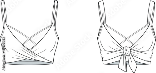 Fashion flat sketch of women's wrap crop top, technical illustration, front and back view, garment design reference, bralette