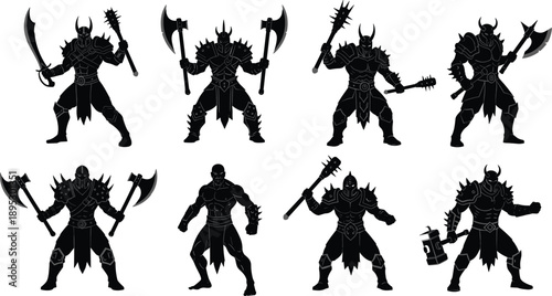 Black and white fantasy warrior silhouettes collection featuring armored barbarian fighters wielding axes and maces in epic battle poses