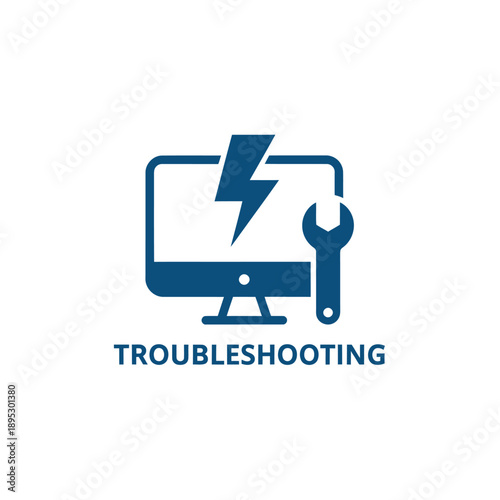 Blue icon depicting computer troubleshooting with a wrench and lightning bolt