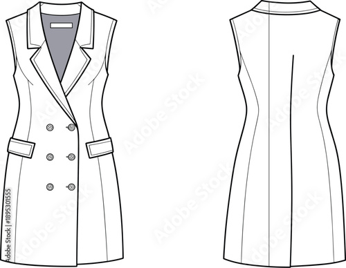 Sleeveless double-breasted dress coat sketch, fashion flat technical drawing, front and back view, garment design illustration