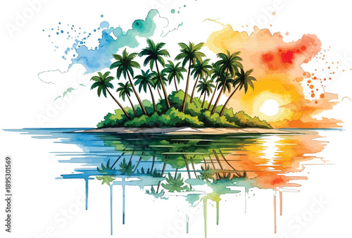 Serene tropical island with palm trees and vibrant watercolor sunset over calm waters