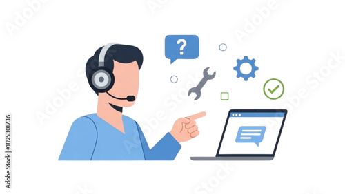 Support agent troubleshooting on laptop with headset on