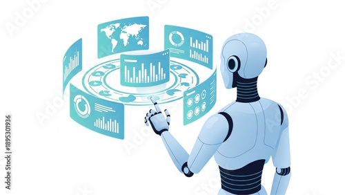 Robot analyzing data with futuristic interface in modern setting