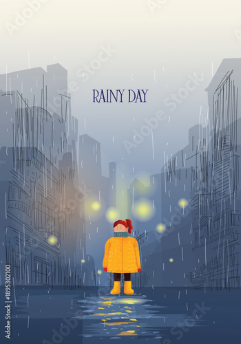 Rain falls softly over a quiet city street vector illustration. Child in a yellow coat stands still near the buildings. Cute cartoon girl hand drawn design for poster, cards and background.