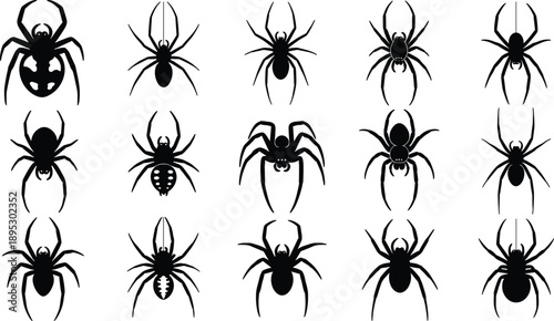 Spider silhouette icon set with various arachnid poses, black creepy insect illustrations for Halloween decorations, tattoos, logos, posters, stickers, and spooky graphic design projects