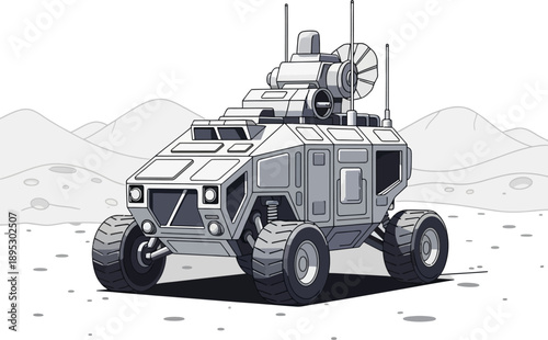 Lunar Exploration Vehicle on Moon Surface, Futuristic Space Rover for Scientific Missions, Detailed Vector Illustration