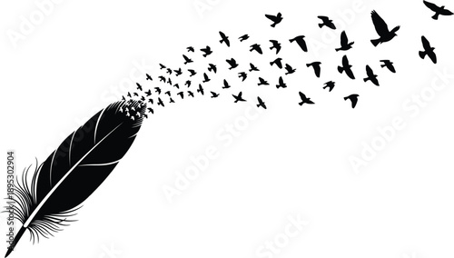 A large feather transforming into a flock of birds in flight formation together