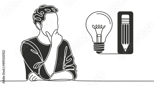 Creative thinking process: a person contemplating an idea with lightbulb and pencil