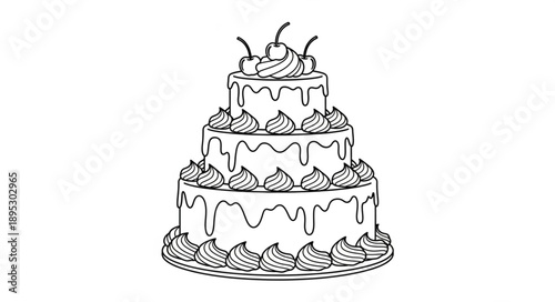 Hand drawn illustration of a delicious tiered cake with cherries.