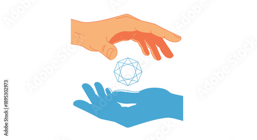 Digital Asset Exchange: Two Hands Protecting a Gemstone Symbol. Collaboration and Technology Concept Illustration.