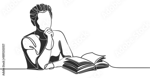 Continuous line drawing of a person deeply engrossed in reading a book, contemplating