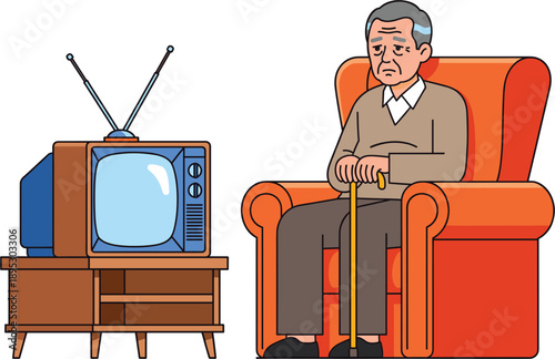 Elderly senior man sitting in an orange armchair with a walking cane watching an old vintage television set vector illustration isolated on white background.