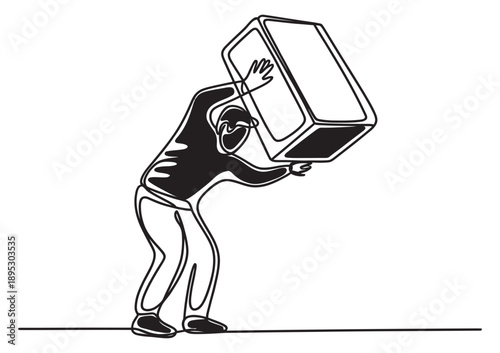 A person struggling with the immense weight of a large, heavy rectangular box