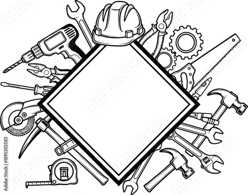 Collection of various tools and equipment arranged around a blank diamond shaped frame