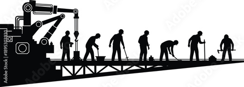 Construction site silhouette, robotic arm, manual labor, industrial teamwork, automation in building, workers on platform, engineering contrast, flavector