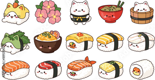 Collection of Cute Sushi Icons Featuring Salmon Tuna Tamago Nigiri Rolls and Mochi Dessert With Kawaii Cat Faces in Detailed Flat Vector Illustration.