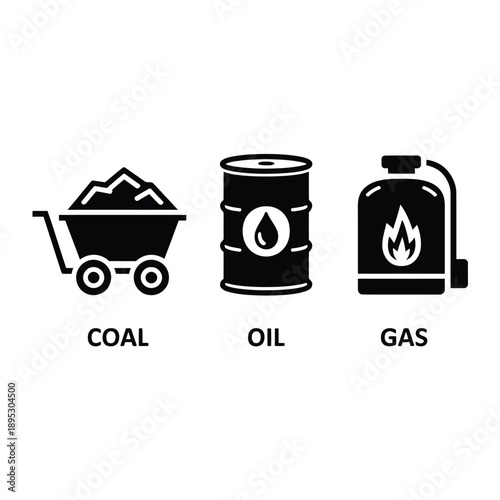 Black icons depicting coal oil and gas energy sources displayed in a row