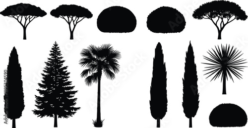 Tree and shrub silhouettes set featuring acacia pine palm cypress bushes and landscape vegetation elements for nature design garden planning and vector illustration isolated on white background