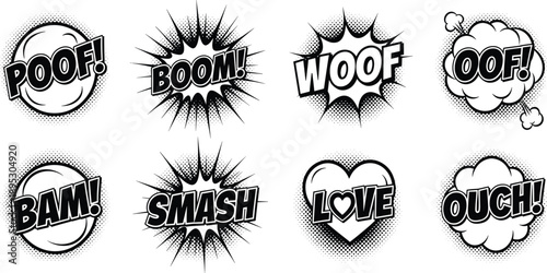 Black and White Comic Sound Effect Text Set with Poof, Boom, Woof, Bam, Smash, Love, and Ouch Pop Art Elements