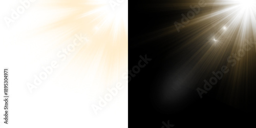 Billede på lærred Golden Sunburst Light Rays from Corner, Star Light Burst Lens Flare, Bright Sparkle Glow Ray Effect
