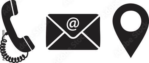Black and white of telephone handset, email envelope with at symbol, and location pin corded phone