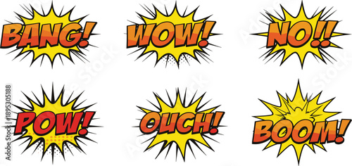 Comic Book Pop Art Explosion Word Set with Bang, Wow, No, Pow, Ouch, and Boom Action Text Elements
