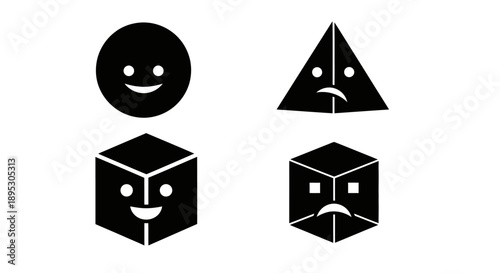 Black and white geometric shapes displaying various facial expressions
