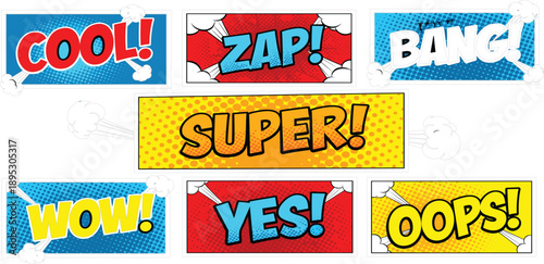 Comic Book Pop Art Horizontal Banner Set with Cool, Zap, Bang, Super, Wow, Yes, and Oops Sound Effect Text Designs