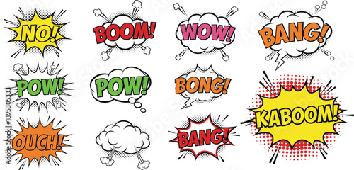 Comic Book Pop Art Sound Effect Speech Bubbles Set with Boom, Bang, Pow, Wow, Kaboom, and Expressive Explosion Elements