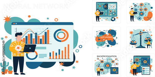 Neural Network and Machine Learning Data Analysis Illustration with Charts, Dashboards, AI Technology Concepts, and Big Data Visualization Elements