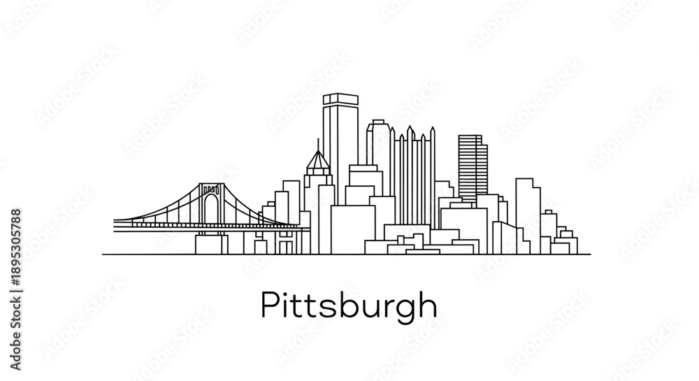 Naklejka premium Minimalist Pittsburgh Skyline Line Drawing with Text