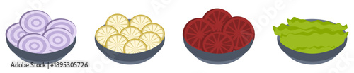 Vector isolated food in dishes and bowls with kitchen ingredients of onion, mushroom, tomatoes, and lettuce 