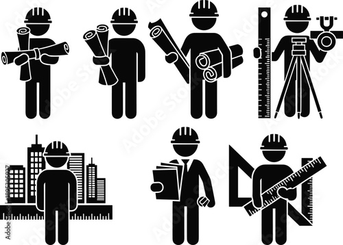 Engineer architect silhouette, construction role blueprint and ruler vector, hard hat professionals, technical job illustration set, flavector