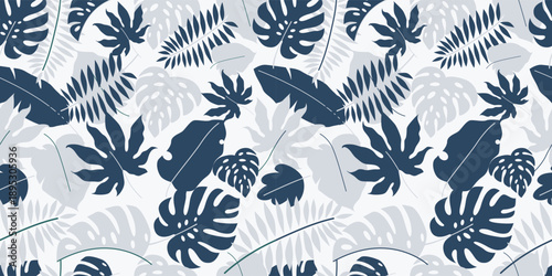 Botanical leaves seamless pattern with tropical vibes, monstera and palm for textile design and summer apparel