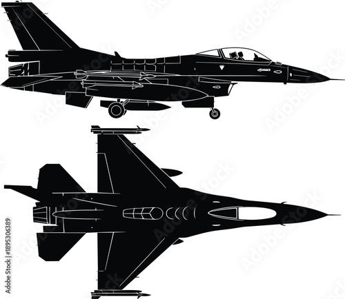 Fighter jet, silhouette, F-16, military, aircraft, side view, top view, cockpit, missile, fuel tank, aerodynamic, black and white, minimalistic, aviation, defense, jet engine, wing structure, 